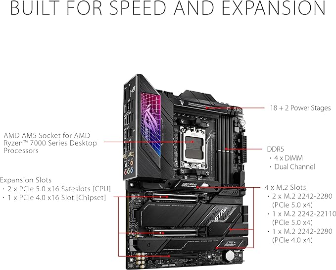 ASUS ROG Strix X670E-E Gaming Socket AM5(LGA 1718) Ryzen 7000 ATX Gaming Motherboard(18+2 Power Stages,PCIe® 5.0, DDR,4xM.2 Slots,USB 3.2 Gen 2x2, WiFi 6E,PCIe Slot Q-Release, M.2 Q-Latch) ASUS ROG Strix X670E-E Gaming Socket AM5(LGA 1718) Ryzen 7000 ATX Gaming Motherboard(18+2 Power Stages,PCIe® 5.0, DDR,4xM.2 Slots,USB 3.2 Gen 2x2, WiFi 6E,PCIe Slot Q-Release, M.2 Q-Latch)